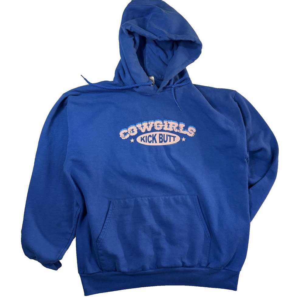 90s Cowgirls Kick Butt Hoodie Cowboycore Womens L/XL Blue Vintage Western Chic
